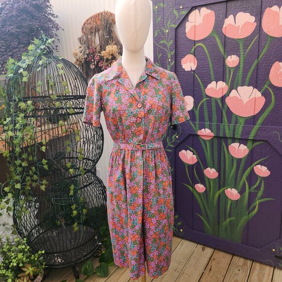 Vintage 1950's Mod Floral Print Shirtwaist Dress, Handmade - Picture 1 of 17